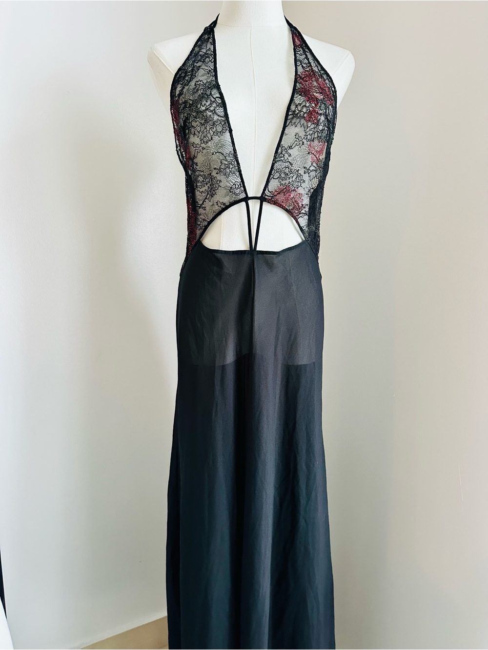 La Perla Luxury Sheer Black Lace Slip with Red shimmer Floral Accents
